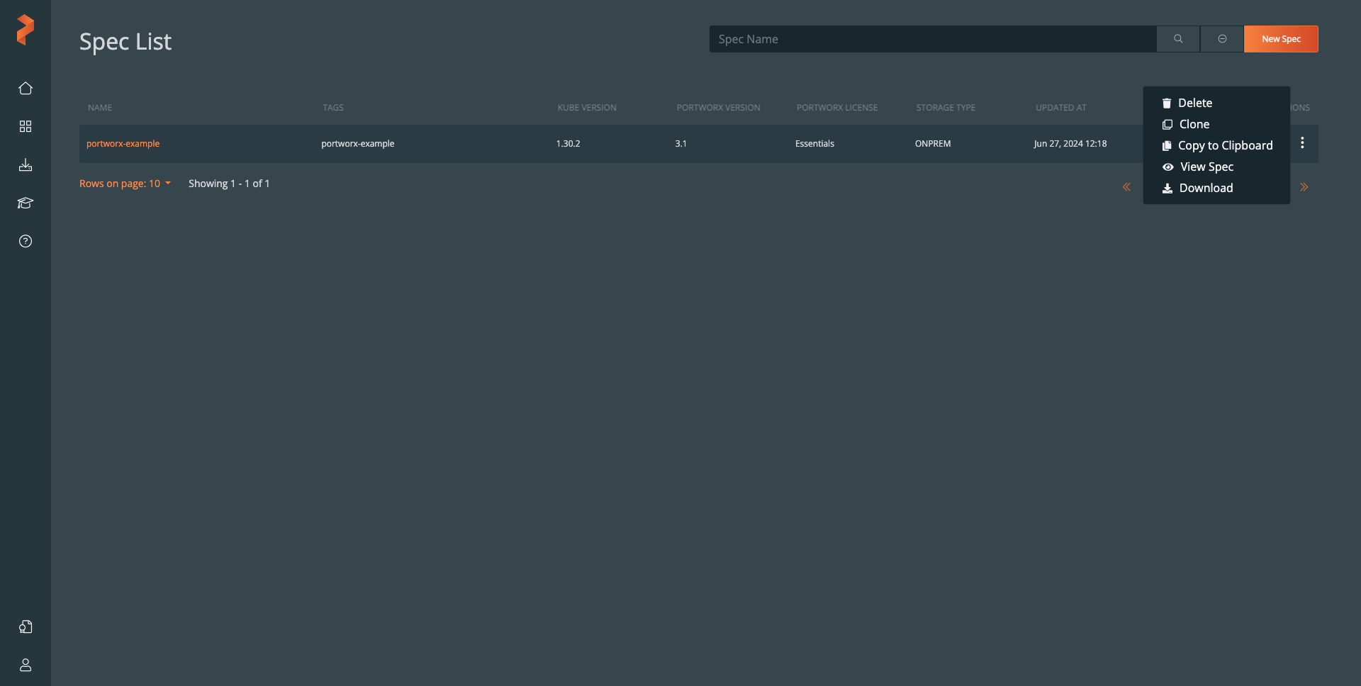 The Spec List section of Portworx Central with &ldquo;portworx-example&rdquo; listed and it&rsquo;s action menu opened.