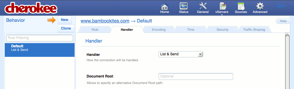 The &ldquo;Handler&rdquo; tab on the &ldquo;vServers&rdquo; page of the Cherokee admin panel on Fedora 13.